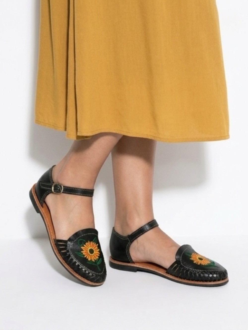 Genuine Black leather Huarache Sandals with Orange Floral Embroidery